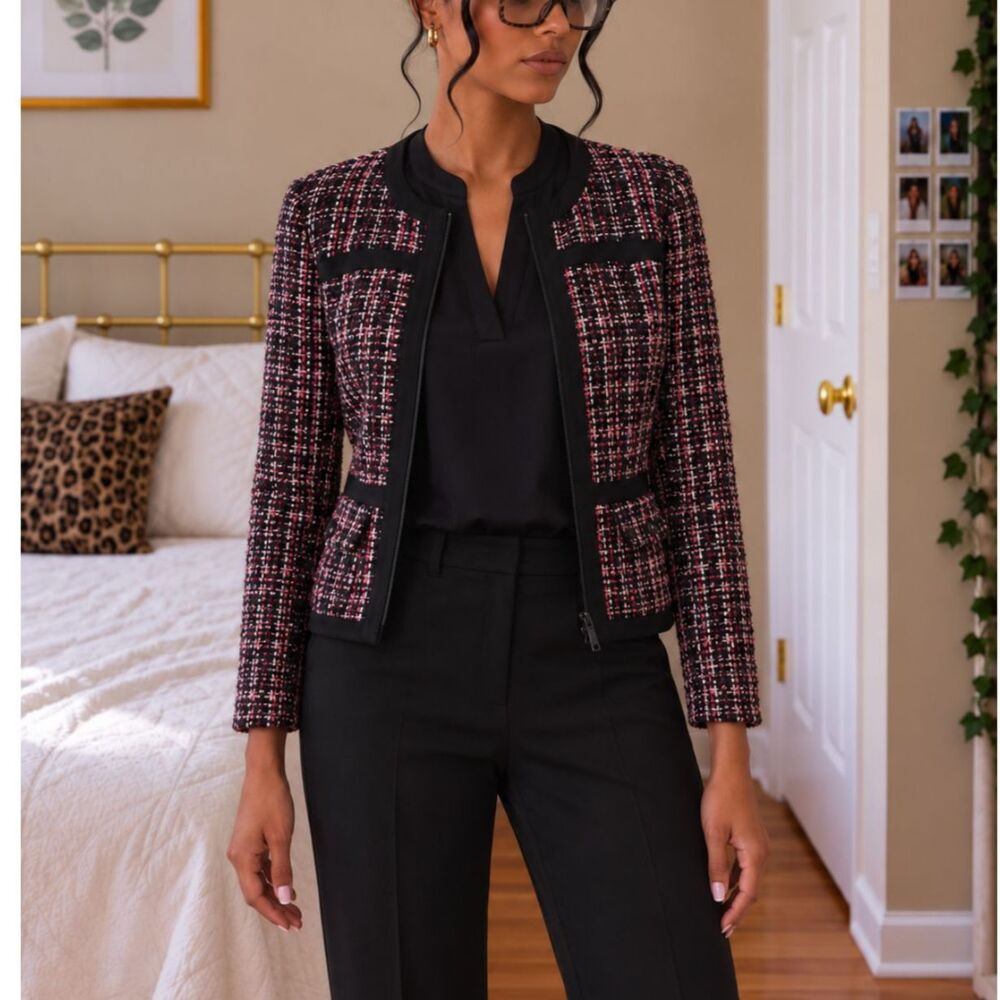Karl Lagerfeld Paris Multicolor Tweed Zip Blazer Professional Polished Luxe 10